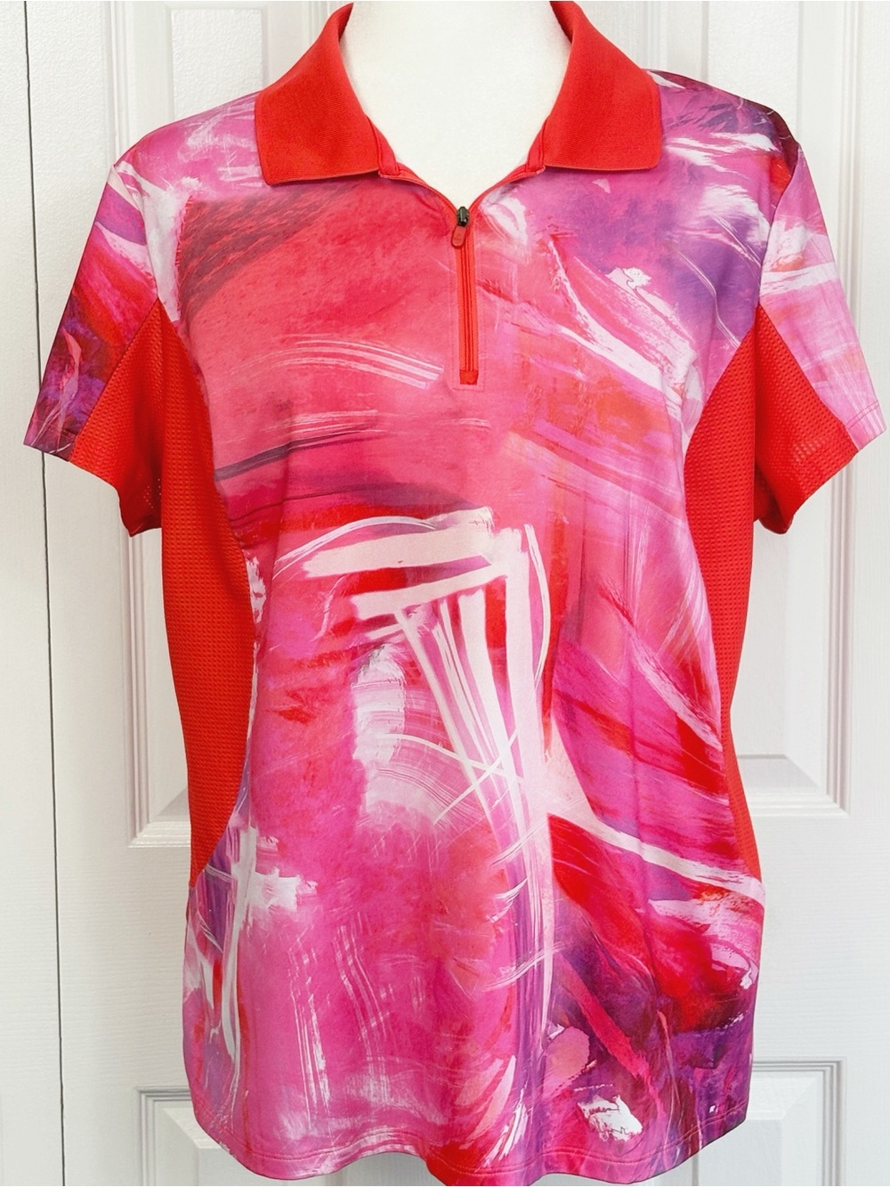 FILA Sport Orange & Pink Print Ventilated Mesh Short Sleeve Polo Shirt XL